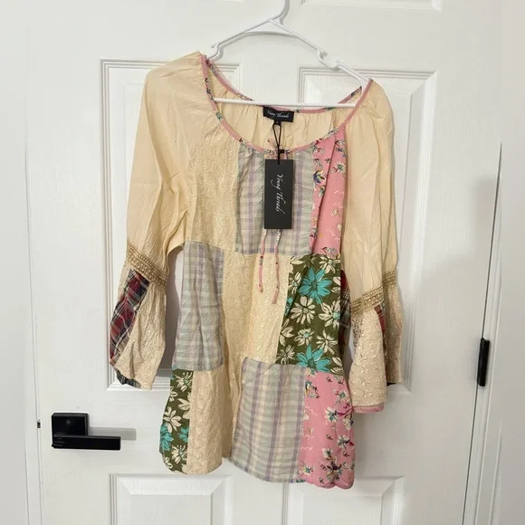 Young Threads Mixed Print Patchwork Boho Floral Tunic Top Latte Size Large NWT - Picture 5 of 9